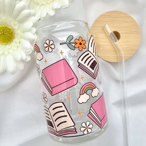 Floral Book Lover Glass Cup / Books and Coffee Cup / Gifts for Her / Book Lover Gifts / Iced Coffee Cup / Book Gifts