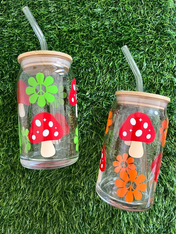 Mushroom Glass Cup, Cottage Aesthetic Cup, Mushroom Glass, Mushroom Coffee  Cup, Daisy Glass Cup, Spring Libbey Cans, Spring Coffee Cup 