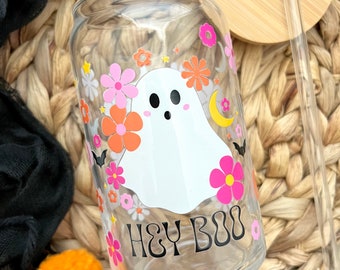 Vaso de cristal con fantasma de Hey Boo / Vaso de Halloween / Vaso de café helado / Vaso de cristal con forma de calabaza / Vaso de cristal espeluznante / Vaso de Halloween