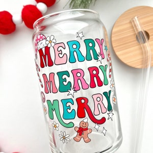 Merry Christmas Glass Cup / Christmas Glass Cup / Iced Coffee Glass / Christmas Tumbler / Christmas Gift / Retro Christmas