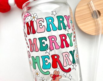 Merry Christmas Glass Cup / Christmas Glass Cup / Iced Coffee Glass / Christmas Tumbler / Christmas Gift / Retro Christmas
