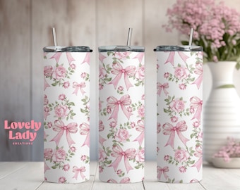 Pink Bows and Roses Coffee Tumbler / Tumbler Cup / Gifts for Her / Bows Tumbler / Flowers Tumbler / Girl Gifts / Coquette Tumbler