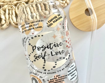 Positive Self Love Reminders Glass Cup / Motivational Quotes Cup / Flowers Glass Cup / Gifts for Her / Cute Glass Cup / Iced Coffee Cup
