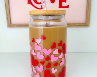 Hearts Glass Cup / Valentines Glass Cup / Iced Coffee Glass / Floating Hearts Glass Cup / Cute Coffee Cup / Valentines Gift / Gifts for Her