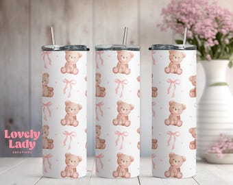 Teddy Bears and Pink Bows Coffee Tumbler / Tumbler Cup / Gifts for Her /  Cute Tumbler / Bows Cup / Girl Gifts / Coquette Cup / Vintage Gift