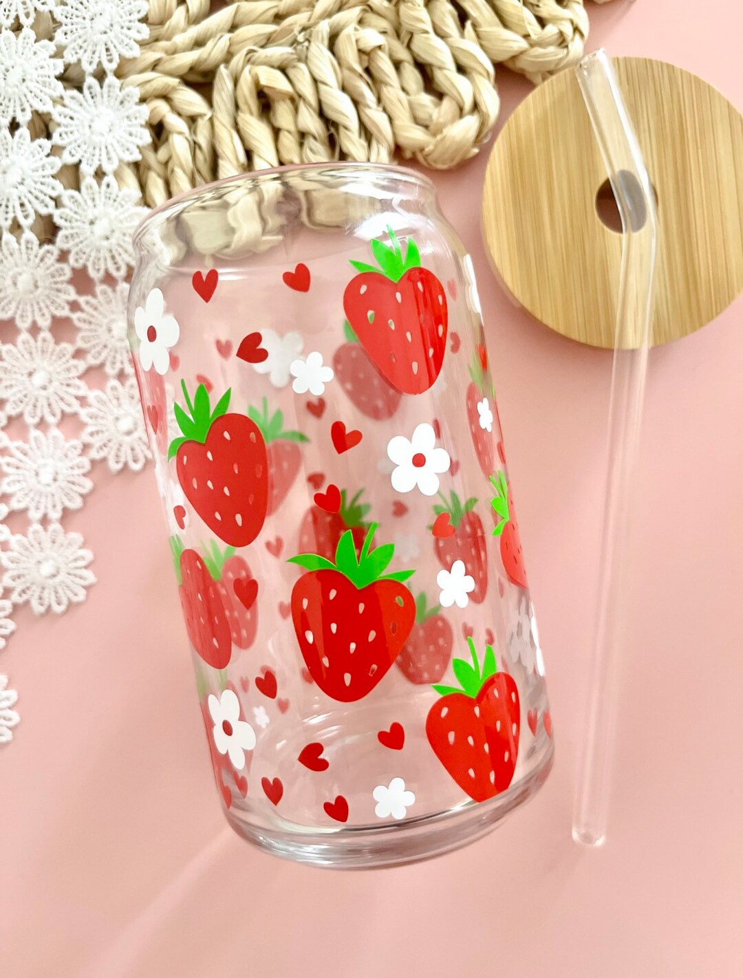 Strawberry and Hearts Glass Cup / Daisy Glass Cup / Valentines Glass