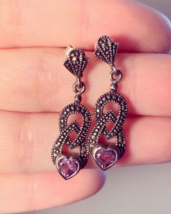 Sterling Silver Amethyst Heart Earrings Valentine… - image 3