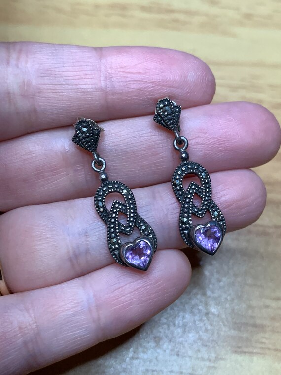 Sterling Silver Amethyst Heart Earrings Valentine… - image 2