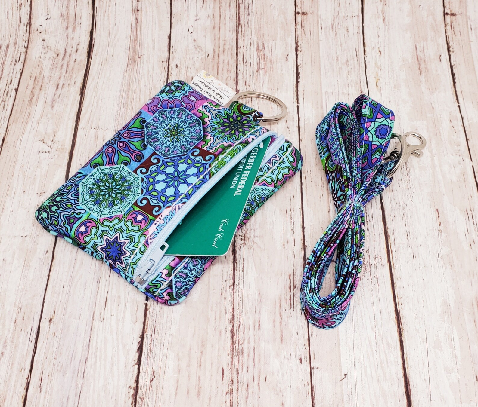 Boho Blue ID Wallet Lanyard, Hippie Wallet Lanyard, Student ID Lanyard