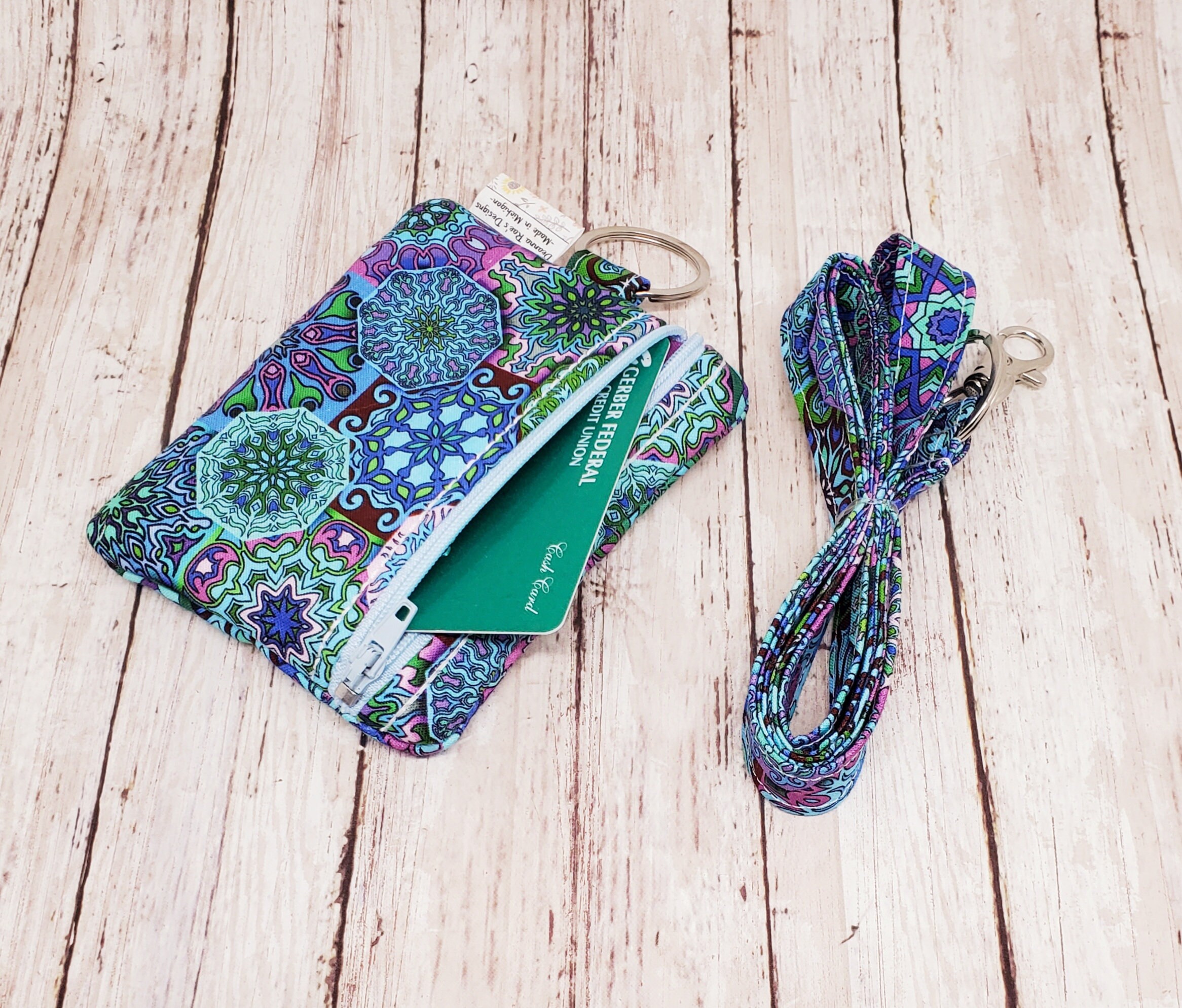 Boho Blue ID Wallet Lanyard, Hippie Wallet Lanyard, Student ID Lanyard, ID Lanyard, Wallet