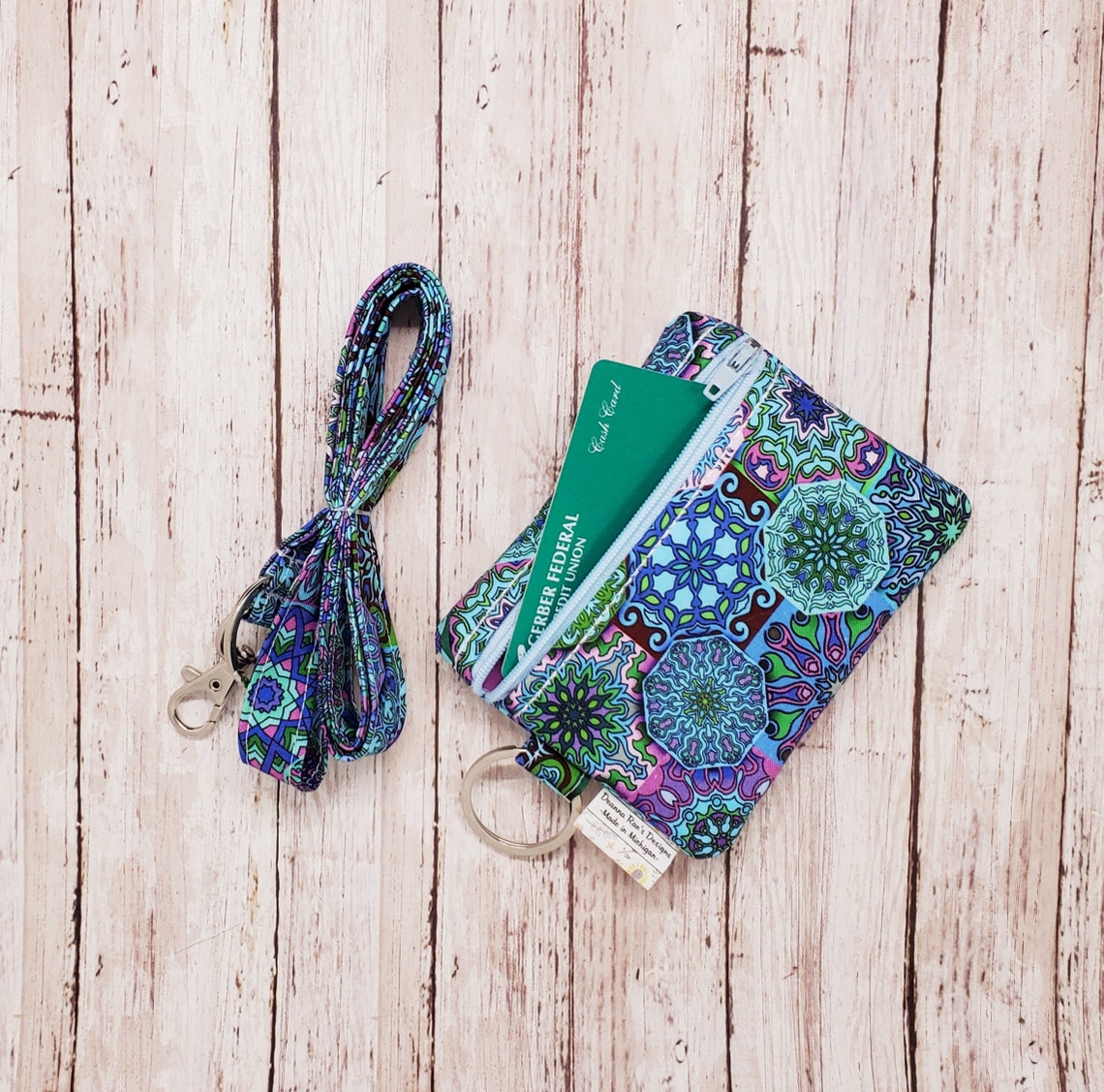 Boho Blue ID Wallet Lanyard, Hippie Wallet Lanyard, Student ID Lanyard, ID Lanyard, Wallet