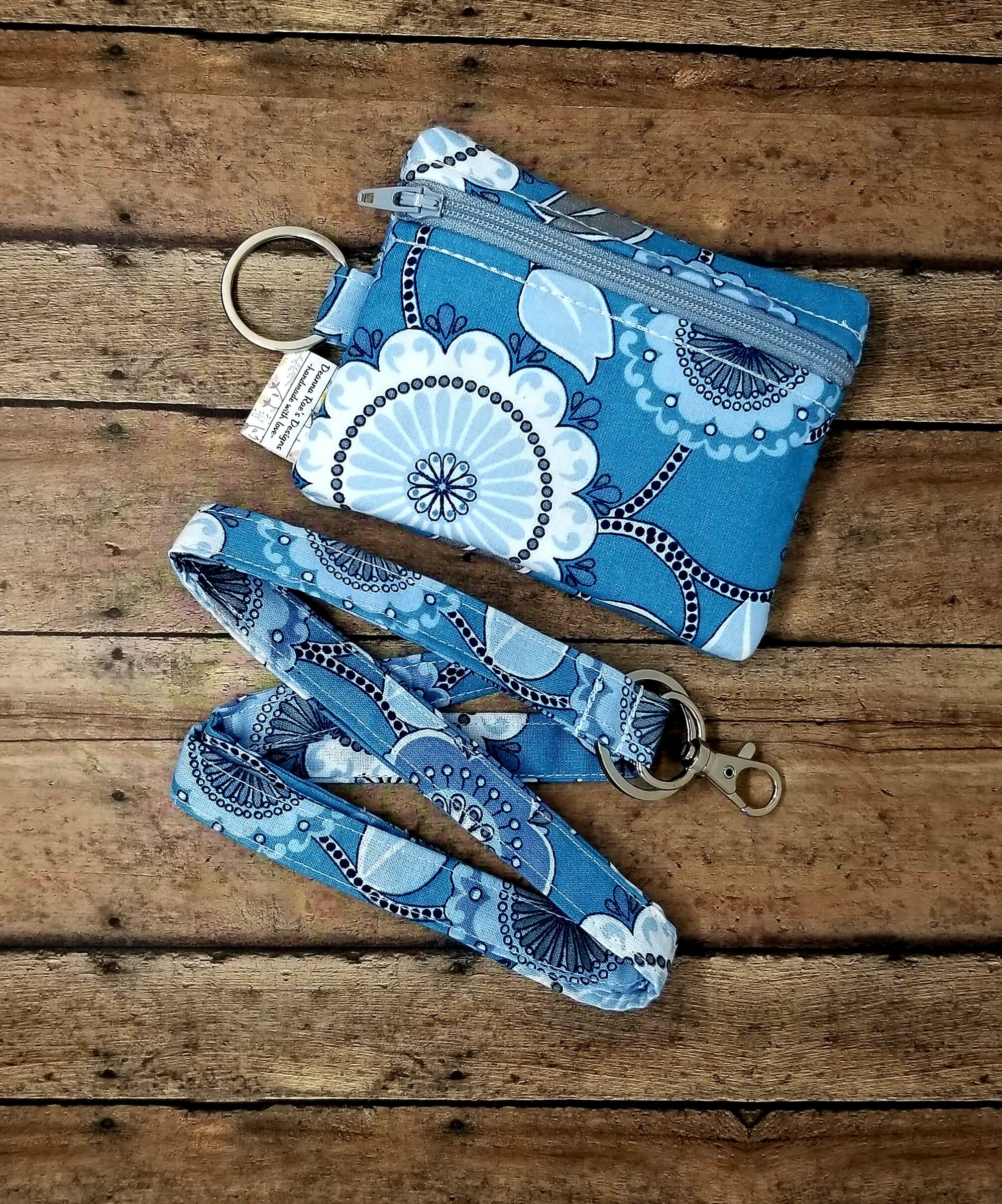 Blue Floral Dot Wallet Lanyard Wallet Lanyard Student ID Etsy