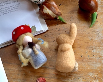 May include: A needle-felted doll with blonde hair wearing a red mushroom cap hat, a needle-felted tan rabbit, three brown flower bulbs, a small red mushroom, and an acorn. A fabric bag with a green leaf print and an open book are also present.