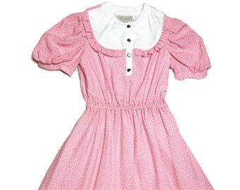 Pink polka dot girl dress with elastic waist vintage inspired clothing for any occasion