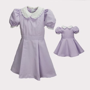 Matching girl and doll dresses, lavender toddler dress, dress for 18&quot; doll, girl spring dress, short puff sleeved dress, holiday girl dress