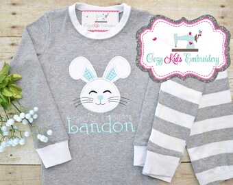 Easter pajamas, bunny pajamas, girls pajamas, boys pajamas, spring pajama, pj, bunny applique, bunny embroidery