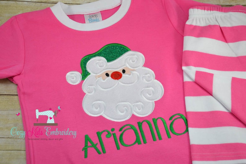 Christmas pajamas santa girl kid child baby toddler infant applique embroidery monogram custom name santa xmas pjs