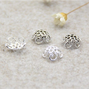 10/20/50pcs 925 Sterling Silver Bead Cpas Spacer Beads Flower Floral Bracelet Necklace Spacer Beads, Silver Bead Cpas, Bulk Beads Cpas