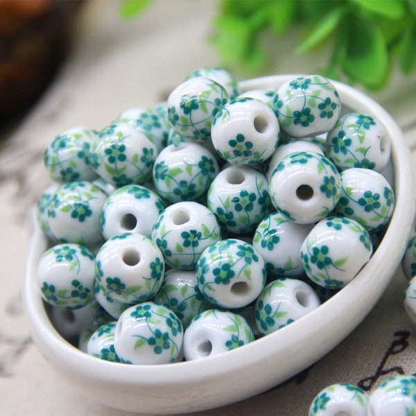 100PCS Ceramic  Beads, Green Purple Porcelain Beads,Jewelry Beads,Pottery Beads,Necklace Beads, Earring Beads