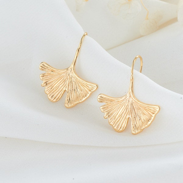 Plating Real Gold Plated Zircon Ginkgo leaves biloba Stud,With 925 Sterling Silver Headpin Earring,DIY Simple temperament earring accessorie