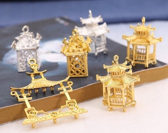 10PCS Chinese Traditional Pavilion House Charms, Alloy Charm Pendant, Jewelry Charms for Earring Necklace Making