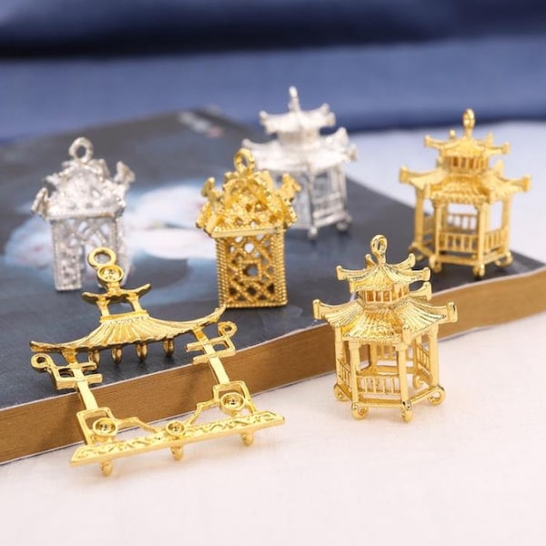 10PCS Chinese Traditional Pavilion House Charms, Alloy Charm Pendant, Jewelry Charms for Earring Necklace Making