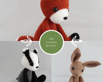 PATTERN BUNDLE Woodland Whimsy: Basil the Hare, Hemlock the Fox, Burdock the Badger Amigurumi, Crochet PDF, Download 3 Patterns, Crochet Toy