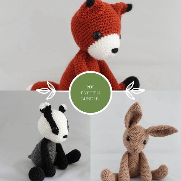 PATROON BUNDEL Woodland Whimsy: Basil de Haas, Hemlock de Vos, Burdock de Badger Amigurumi, gehaakte PDF, download 3 patronen, gehaakt speelgoed