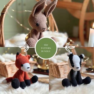 PATTERN BUNDLE Woodland Whimsy: Basil the Hare, Hemlock the Fox, Burdock the Badger Amigurumi, Crochet PDF, Download 3 Patterns, English