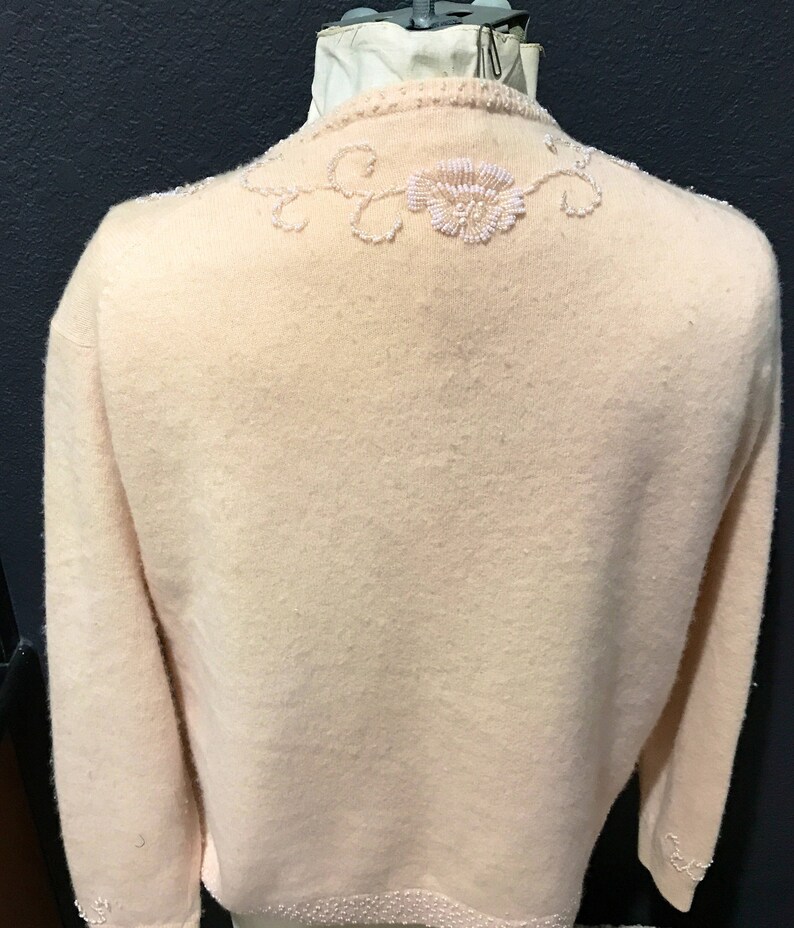 50s Beaded Pink Cardigan Sweater Lambswool Lined size Medium Beaded Pink on Pink witb a Touch of Soft Angora Made for Marshall Fields