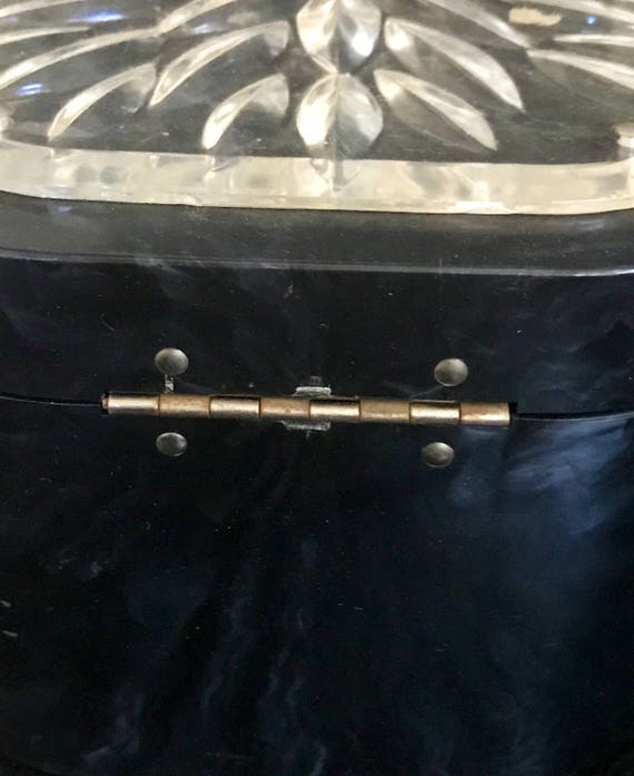 Nickel Clasp Great Condition 1940s Vintage Lucite Purse by Rialto Gunmetal Grey Marbled Round Body with Clear Carved Lucite Top /& Handle
