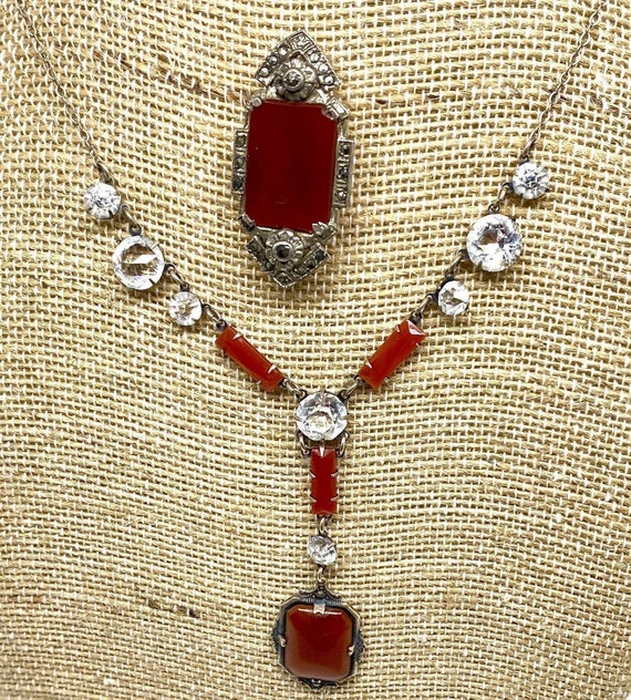Carnelian & Sterling Necklace and Dress Clip 1910-