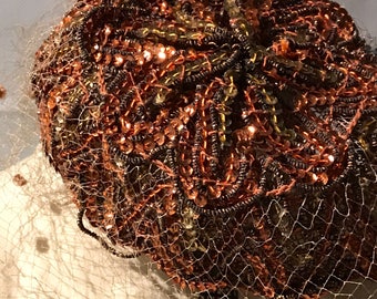 1950s Vintage Formal Hat // Bronze and Copper Sequined, Hand Sewn and Union Made & Branded// Intricately Designed// One size - With Combs