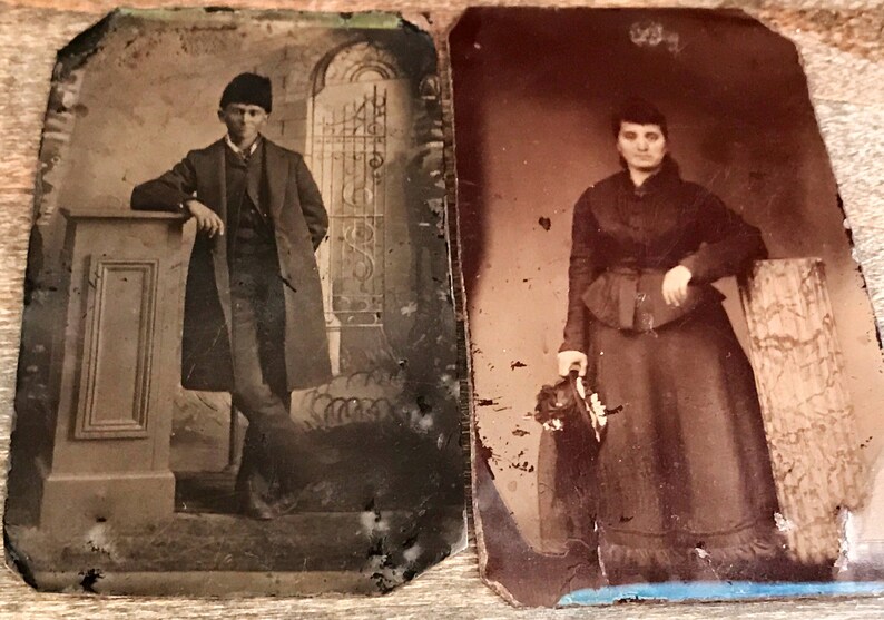 man /& woman look European Antique Tintype Photos Sold as a Pair ONLY 1870-1880 dark photos on tin as in photography/'s early days