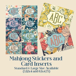 May include: A collection of floral patterned Mahjong stickers and card inserts. Each sticker features a monogram in a decorative frame. The color palette includes pink, blue, orange, and green. The text at the bottom reads "Mahjong Stickers and Card Inserts".