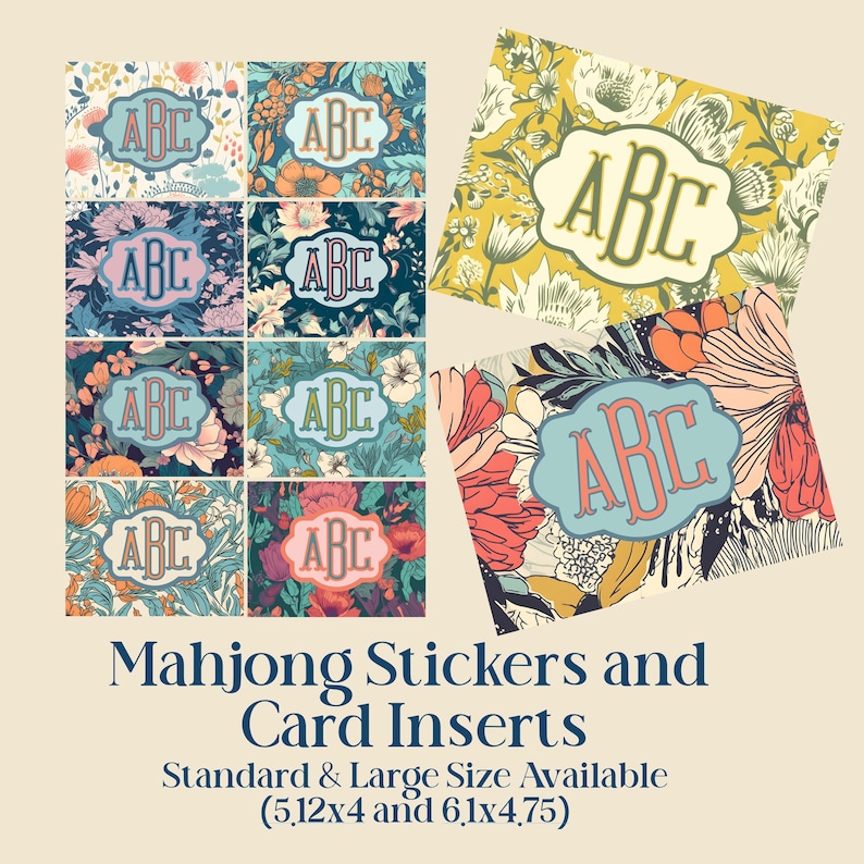 May include: A collection of floral patterned Mahjong stickers and card inserts. Each sticker features a monogram in a decorative frame. The color palette includes pink, blue, orange, and green. The text at the bottom reads "Mahjong Stickers and Card Inserts".