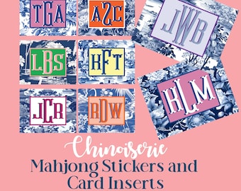 May include: A collection of Chinoiserie-style Mahjong stickers and card inserts. Each square features a monogram in a different color, set against a blue and white floral background. The text at the bottom reads "Chinoiserie Mahjong Stickers and Card Inserts."