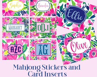 May include: A collection of rectangular mahjong stickers and card inserts featuring a vibrant pink, green, and blue floral pattern. Each item displays a personalized name or monogram in various frame shapes. Text reads: Mahjong Stickers and Card Inserts, Standard & Large Size Available (5.12x4 and 6.1x4.75).