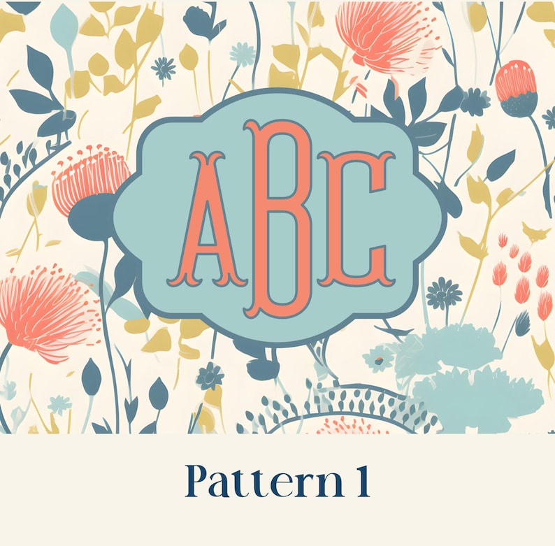 May include: Floral pattern with a light blue frame containing the letters "ABC" in coral. The background features a cream color with blue, yellow, and coral flowers and foliage. The text "Pattern 1" is at the bottom.
