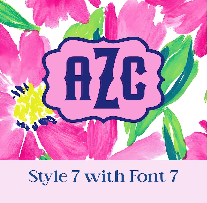 Pu&ograve; includere: Un design monogramma rosa con le lettere AZC in blu navy, su uno sfondo floreale ad acquerello di fiori rosa e verdi. Il testo "Style 7 with Font 7" &egrave; visualizzato in basso.
