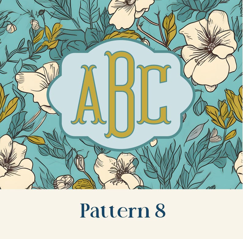 May include: A floral pattern with a teal background, featuring cream-colored flowers and green leaves. A light blue, cloud-shaped frame contains the gold letters "ABC". The text "Pattern 8" is at the bottom.