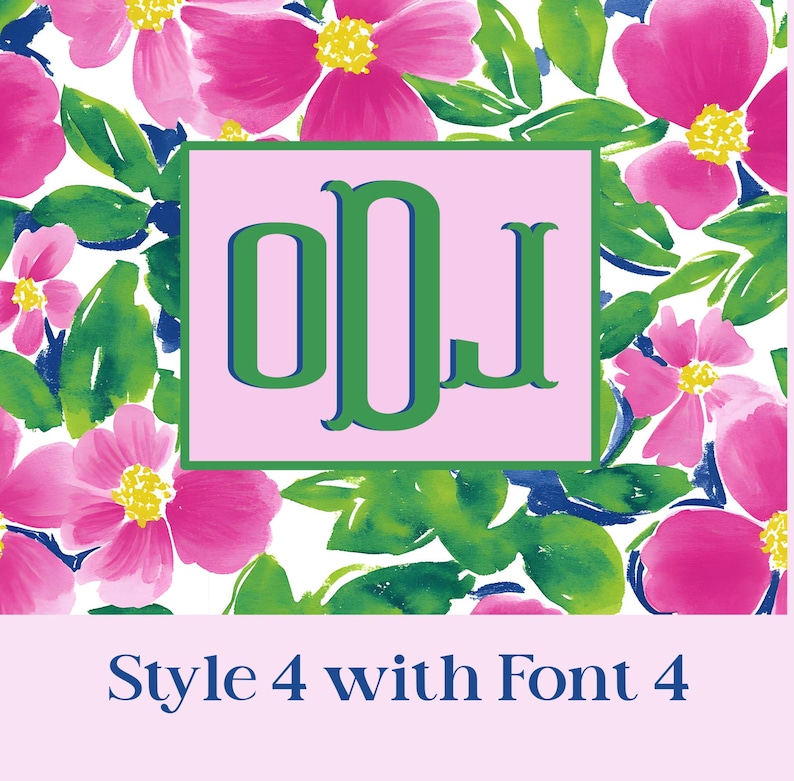 Pu&ograve; includere: Un motivo floreale con fiori rosa e foglie verdi su sfondo bianco. Un rettangolo rosa con lettere monogramma verdi &egrave; centrato. Il testo "Style 4 with Font 4" &egrave; in basso.