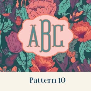 May include: A floral pattern featuring large, stylized flowers in shades of coral, purple, and teal against a dark teal background. A light pink, scalloped-edged frame contains the teal monogram "ABC". The text "Pattern 10" is at the bottom.