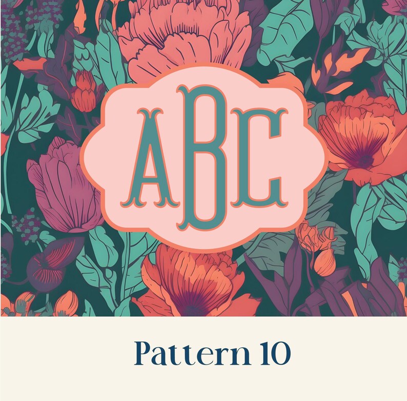 May include: A floral pattern featuring large, stylized flowers in shades of coral, purple, and teal against a dark teal background. A light pink, scalloped-edged frame contains the teal monogram "ABC". The text "Pattern 10" is at the bottom.