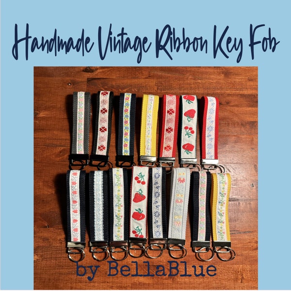 Key Fob Vintage Ribbon Keychain, Handmade Wristlet Keychain, Key Fob, Cute Keychain, Flower Keychain, Boho Keychain, Jacquard Ribbon, key