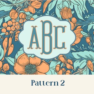 May include: A floral pattern design featuring orange and teal flowers and foliage on a dark teal background. A light blue oval shape in the center contains the letters "ABC" in teal. The words "Pattern 2" are at the bottom.