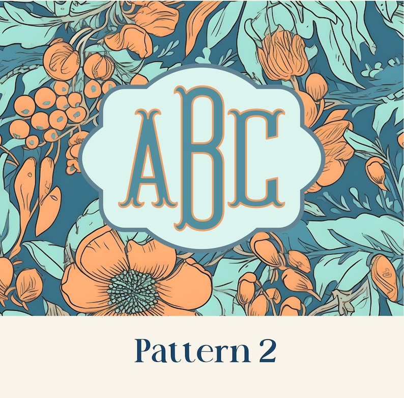 May include: A floral pattern design featuring orange and teal flowers and foliage on a dark teal background. A light blue oval shape in the center contains the letters "ABC" in teal. The words "Pattern 2" are at the bottom.