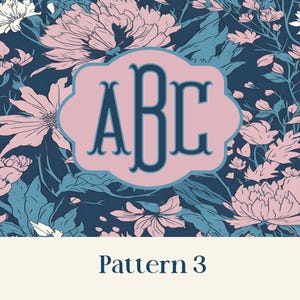 May include: Floral pattern with pink and blue flowers and leaves. A light pink, scalloped-edged shape in the center contains the letters "ABC" in a dark blue color. The text "Pattern 3" is at the bottom.