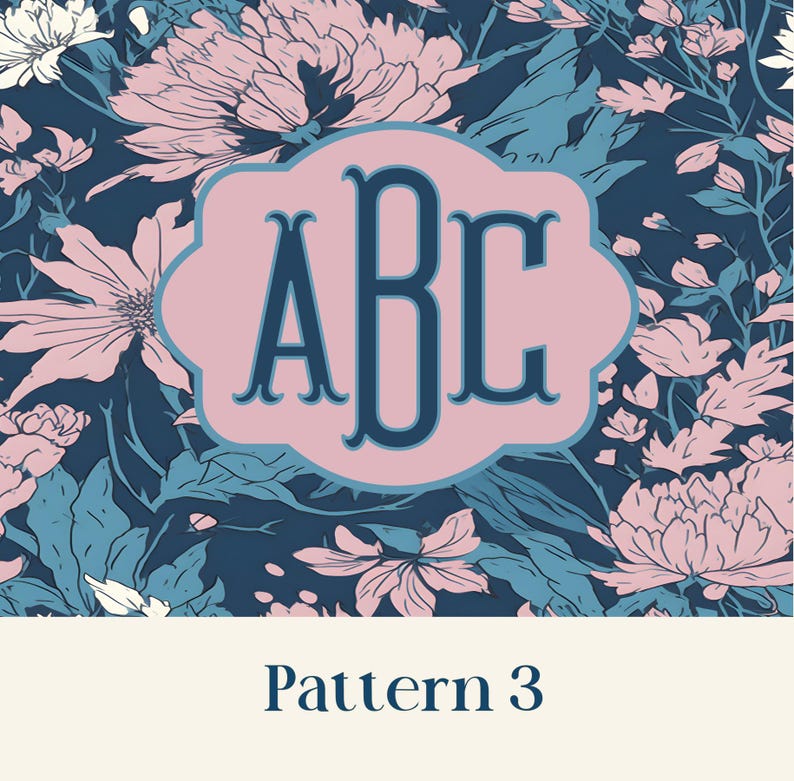 May include: Floral pattern with pink and blue flowers and leaves. A light pink, scalloped-edged shape in the center contains the letters "ABC" in a dark blue color. The text "Pattern 3" is at the bottom.