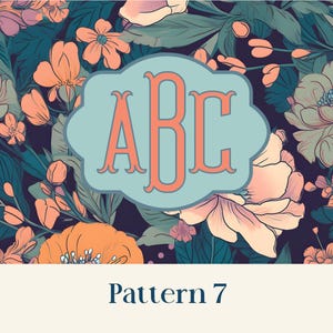 May include: Floral pattern with a teal monogram in a light blue frame. The background features a dark teal color with peach and cream-colored flowers and green leaves. The text "Pattern 7" is at the bottom.